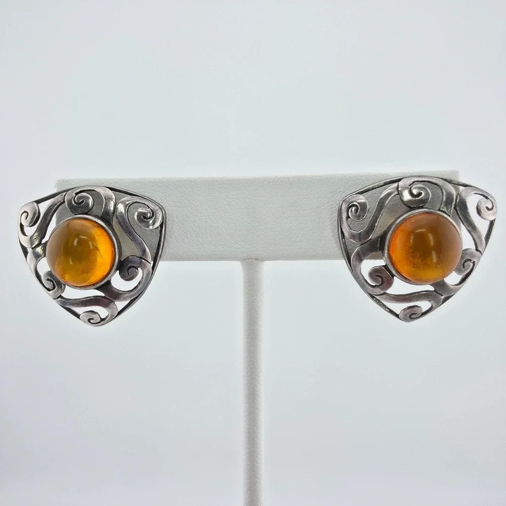 SILPADA Amber Earrings 925 Sterling Silver Post Cabochons Open Scrollwork 1